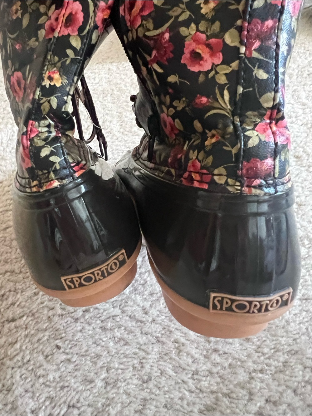 Sporto Brown Rubber with Pink Floral Lace-Up Rain & Snow Boots Women 9 GUC - Picture 7 of 12